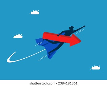 Businessman holding a growth arrow flying in the sky