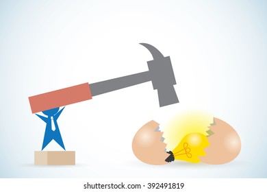 businessman holding hammer to break egg and get light bulb, idea and business concept