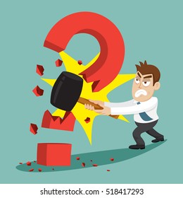 Businessman holding hammer cracked question mark, vector illustration cartoon