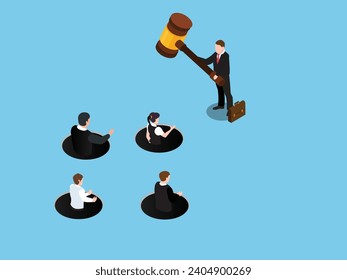 Businessman holding hammer hitting he employees in a mole hole isometric 3d vector concept