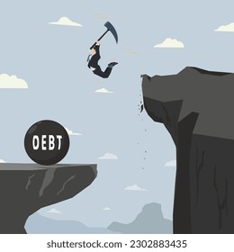 Businessman holding a hammer jumping from a cliff to destroy a giant debt ball vector illustration