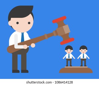 Businessman holding hammer, other coworkers standing under hammer, judge people concept