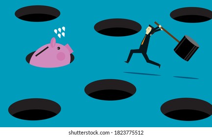 Businessman holding hammer run to hit a piggy bank. Vector design
