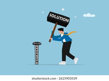 Empresário segurando um martelo com texto de solução para esmagar o pilar de problema como símbolo de resolução de problemas, desafio de negócios e ilustração de conceito de pensamento criativo