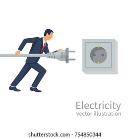 Businessman holding in hand electric power plug. Unplug, plugged in wall socket. Vector illustration flat design.Connecting power plug.