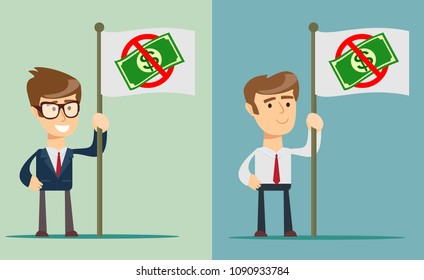 Businessman holding in hand flag with ban of money. Vector, illustration, flat