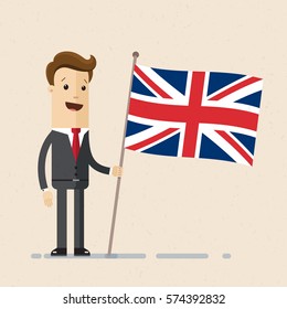 Empresario con bandera del Reino Unido. Vector, ilustración, plano