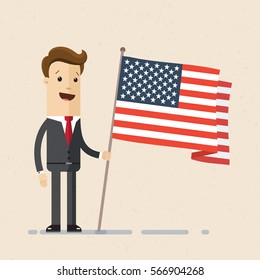 Businessman holding in hand  flag of USA.  Vector, illustration, flat