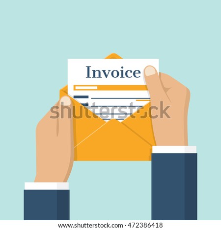 Businessman holding in hand invoice in envelope. Flat design, abstract vector illustration. Checking Invoice. The official document is received in the mail.