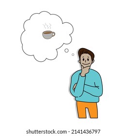 Businessman holding hand under chin thinking and feeling want to drink a cup of coffee after working day. vector illustration. 
