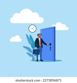 Businessman holding handle and opening apartment or office door. For entrance, home, exit, challenge, opportunity concept. Modern vector illustration in flat style