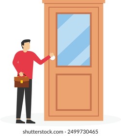 Businessman holding handle and opening apartment or office door. For entrance, home, exit, challenge, opportunity concept. Modern vector illustration in flat style

