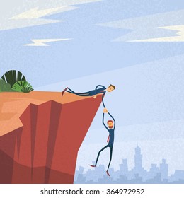 Businessman Holding Hands Hanging Cliff Partner Support Business People Risk Concept Vector Illustration