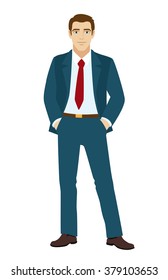 Businessman holding hands in pockets. Vector illustration.