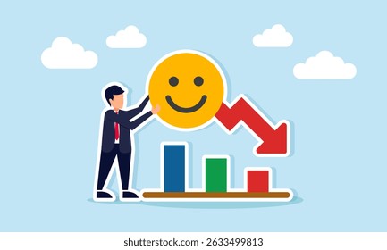 Empresário segurando um emoticon feliz perto de um gráfico em declínio ilustração de diminuição da atenção do mercado público