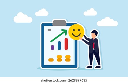 Businessman holding happy emoticon next to document board with rising graph illustration of increasing market attention performance percentage