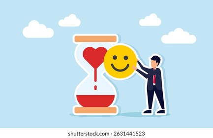Businessman holding happy emoticon next to love shaped hourglass illustration of positive response related to health business progress