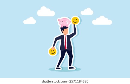 A businessman holding a happy emoticon with a piggy bank above his head, illustration of the importance of maintaining market attention and business investment