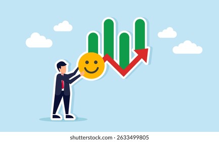 Empresário segurando um emoticon feliz com um gráfico crescente ilustração de crescente atenção do mercado público