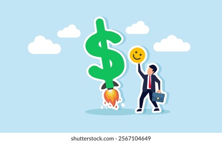 A businessman holding a happy emoticon stands beside a dollar sign launching like a rocket, illustration of using positive market attention to exponentially boost business revenue