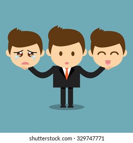 Businessman holding happy and sad emotions face
