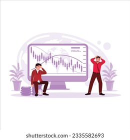 Businessman holding head with the screen of the declining stock market business chart. Trend Modern vector flat illustration