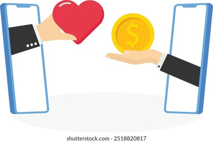 Businessman holding a heart. Buy mind and love online. vector

