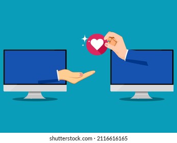 Businessman holding heart . Giving heart and love online. vector 
