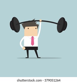 Businessman holding a heavy barbell with one hand