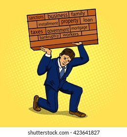 Businessman holding a heavy load. Cartoon pop art vector illustration. Human comic book vintage retro style. 