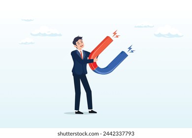 Businessman holding high power magnet to attract all benefits, business attraction or charisma with power to draw or attract business opportunity, money or customers (Vector)