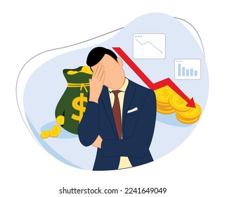 businessman holding his face businessman confused about crisis. financial crisis. flat vector illustration of businessman having decreased business performance