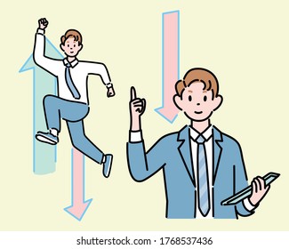 A businessman is holding his finger up. Another businessman is jumping. hand drawn style vector design illustrations. 