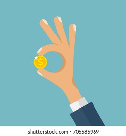 Businessman holding in his hand gold coin. Business success, profit, finance, making money concept. Man shows gesture okay with dollar. Flat style design cartoon vector illustration on blue background