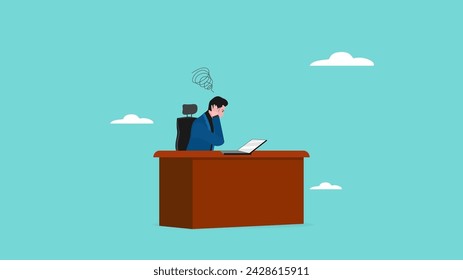 hombre de negocios sosteniendo su cabeza mientras mira una computadora portátil, problema en el trabajo concepto ilustración vectorial con estilo de diseño plano