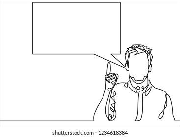  businessman holding up his index finger and giving advice. Attractive manager speaking with speech bubble. Modern character design. Vector illustration in the flat style-continuous line drawing 