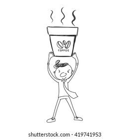 businessman holding hot cup of coffee with powerful hand drawn vector