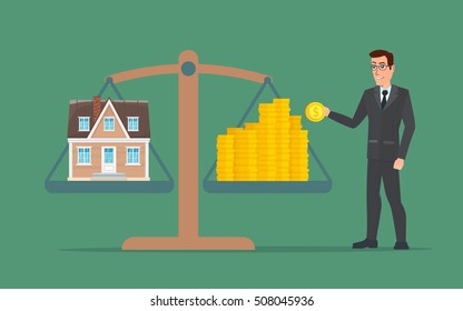 Businessman holding house on money, man collects money for a house and weighs in the balance. Business cartoon concept. Vector creative color illustrations flat design in flat modern style.