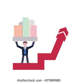 Businessman holding houses. Business concept the real estate market with arrow. Vector illustration of businessman with houses standing on arrow, isolated on white background.
