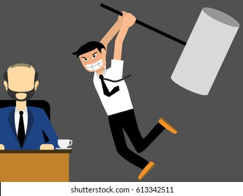 businessman holding a huge mallet jumping for to smash boss cartoon vector