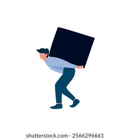 Businessman holding huge stone on shoulders. Sad man carrying heavy rock. Unhappy tired male person with boulder in hands. Duty, debt, difficult, burden, office hardship. Hard work vector illustration