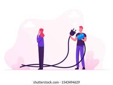 Businessman Holding Huge Wired Electrical Plug and Socket Ready to Establish Connection. Thoughtful Businesswoman Thinking. Creative Idea Research and Teamwork Concept. Flat Vector Illustration