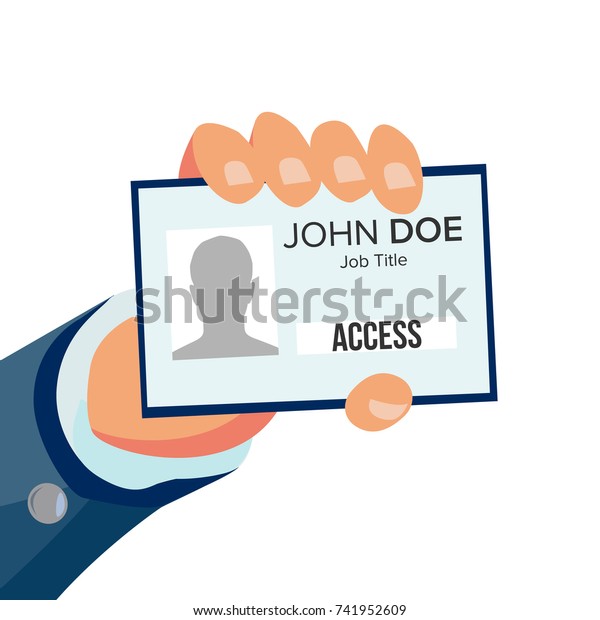 Businessman Holding Id Card Vector. Hand And\
Identity Card With Photo And Job Title. Security Pass Id Card. Flat\
Business Cartoon Isolated\
Illustration