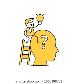 businessman holding idea bulb and human head with question mask stick figure