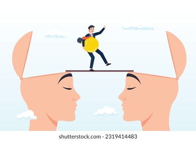 Businessman holding idea light bulb walking on the bridge from human head brain to other, knowledge transfer or idea sharing between employee or teamwork, skill training or work transition (Vector)