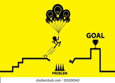 Businessman holding an idea lightbulb balloon to pass problem, business concept