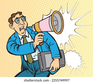 Businessman holding important file folder speaking announcement into megaphone. pop art retro hand drawn style vector design illustration.