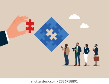 Businessman holding jigsaw piece. Teamwork, partnership and solution concept. Flat design. Vector illustration.