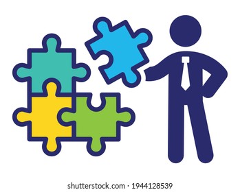 Businessman holding jigsaw puzzles vector icon illustration. Concept problem solving, strategy.