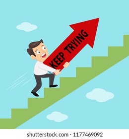 Businessman holding keep trying text on red arrow sign on stairs, illustration vector cartoon